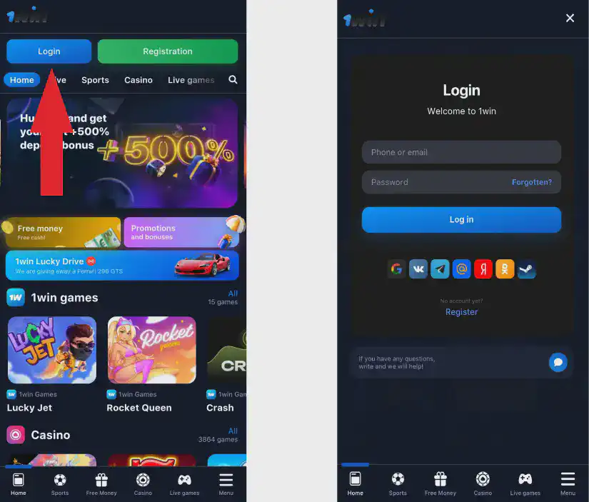 1win app login
