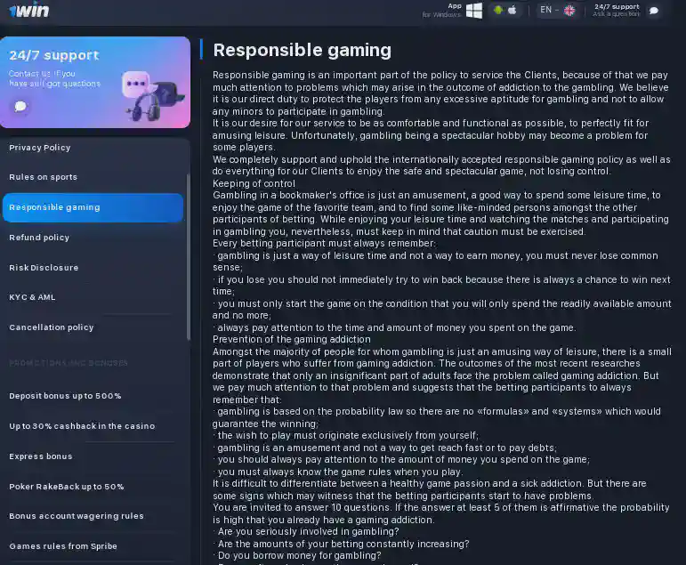 1win Responsible gambling