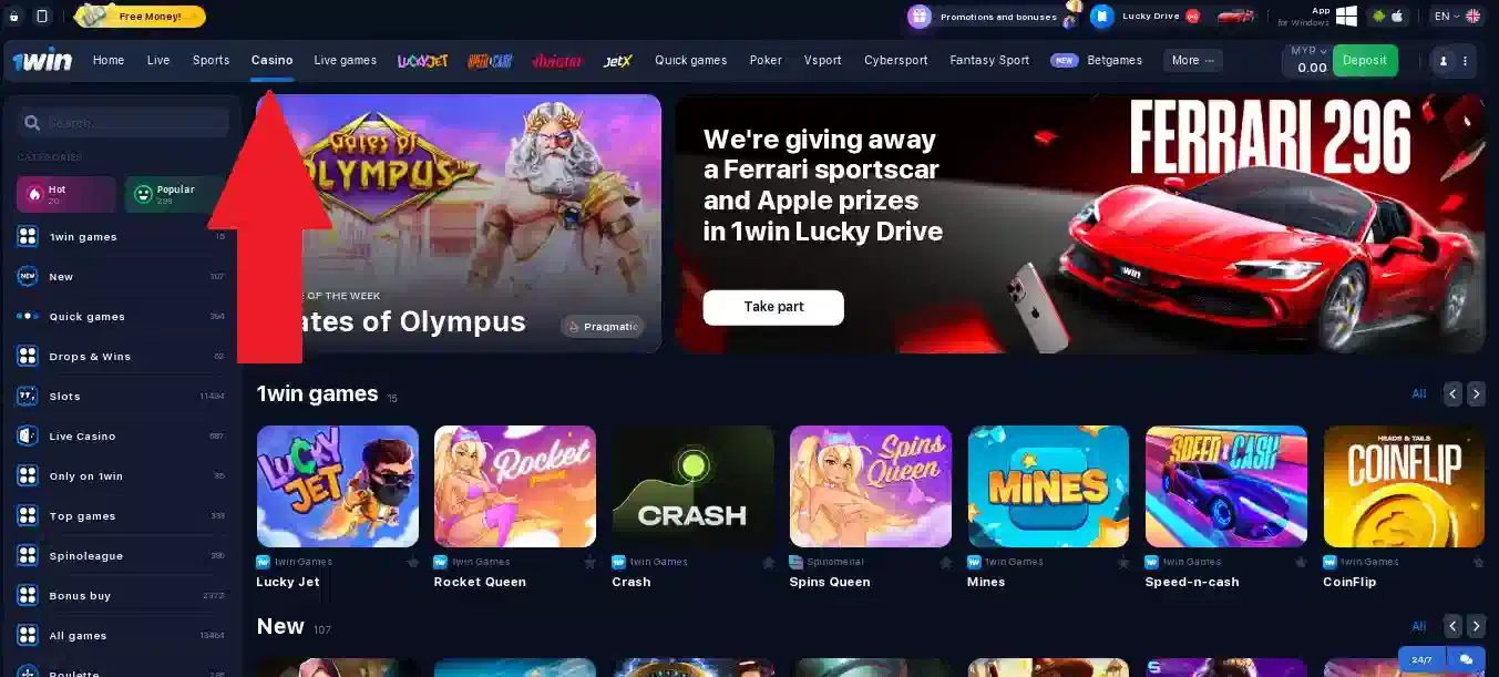 1win casino section
