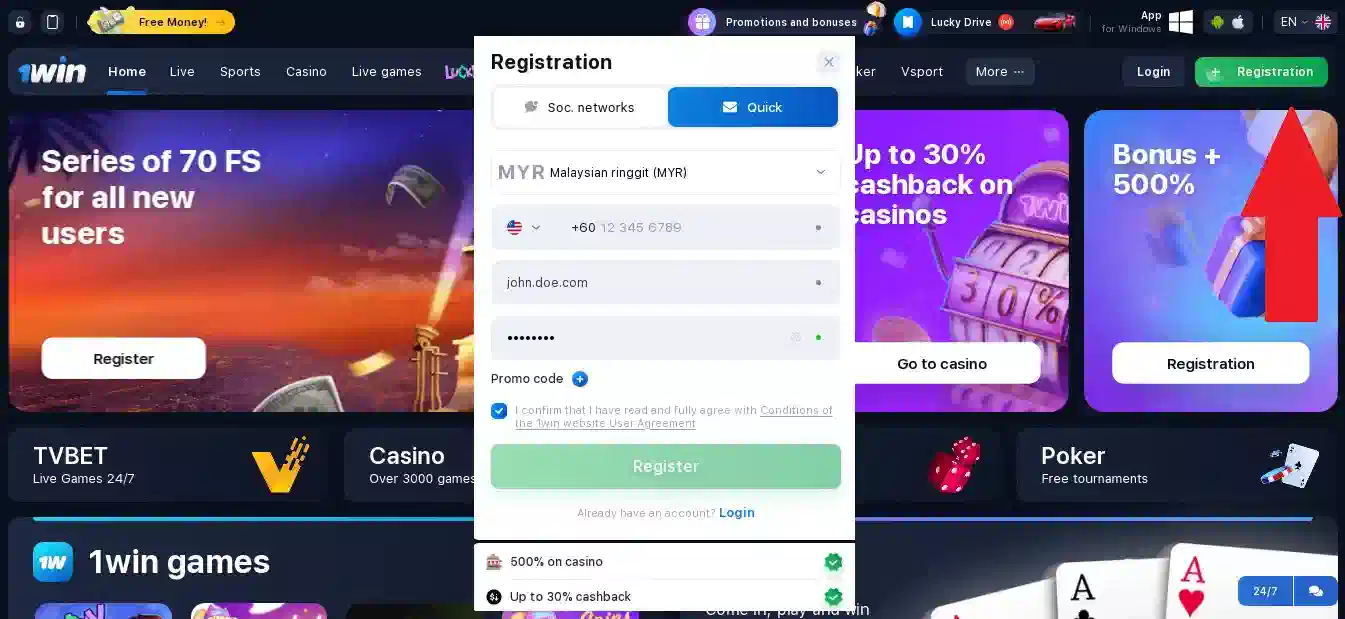 sign up to 1win casino